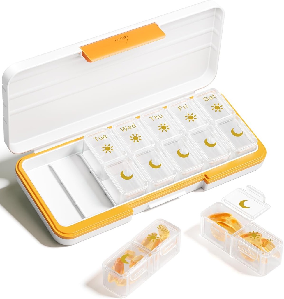 AM PM Pill 组织者 2 Times A Day, 7 Day Pill Box Weekly Pill 组织者使用单独的集装箱旅行,可携带的每日药品计划者购买维生素、鱼油、补充品(比热)