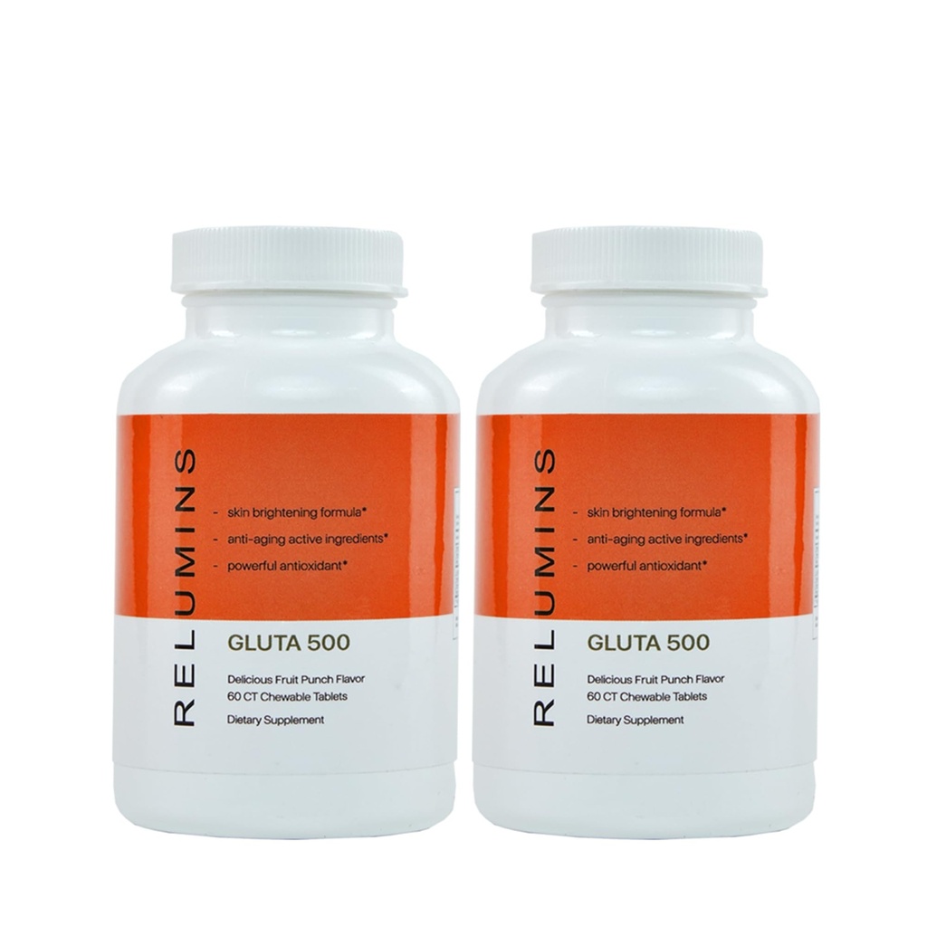 Relumins Gluta 500 Chewable Tablets with Glutathione, Hyaluronic Acid, Vitamin C, Biotin & Collagen – Supports Skin Tone & Glow, for a Summer Glow Skin – 60 Tablets x 2 Bottles