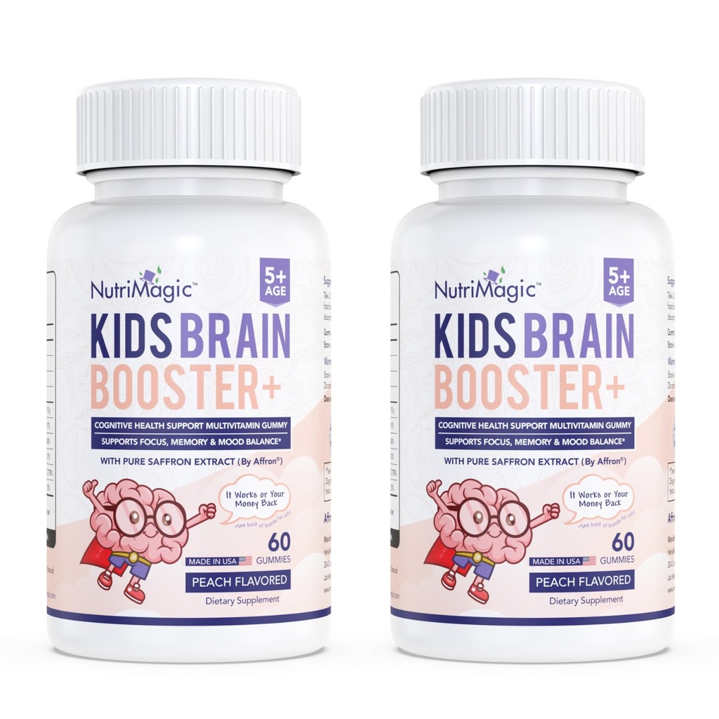 NutriMagic Kids Brain Booster+ 30mg Saffron-Based Multivitamin Gummies for Kids Brain Health Support, Saffron Extract Gummies, Vitamin D3, B6, B12, Zinc, 120x Non-GMO Gummy (2-Pack)