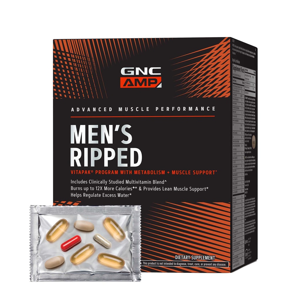 GNC AMP Men's Riped Vitapak 方案, 产品维生素包、代谢和精益肌肉通纳、烧焦卡路里、水谢丁、成人多维塔明、咖啡因、CLA、经证明的原料、30天供应