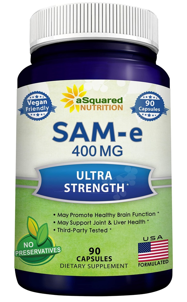 aSquared Nutrition SAM-e 400mg Supplement - 90 Capsules - Same (S-Adenosyl Methionine) to Support Mood, Joint Health, and Brain Function - Extra Strength Vegan SAM e Pills