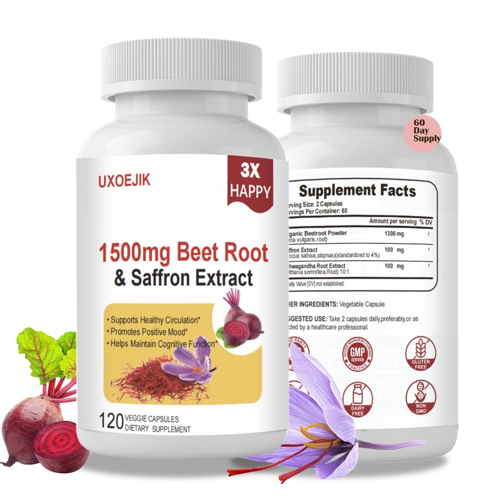 Saffron Supplements with Organic Beet Root & Ashwagandha - 100mg Saffron Extract for Mood Support, Energy & Focus