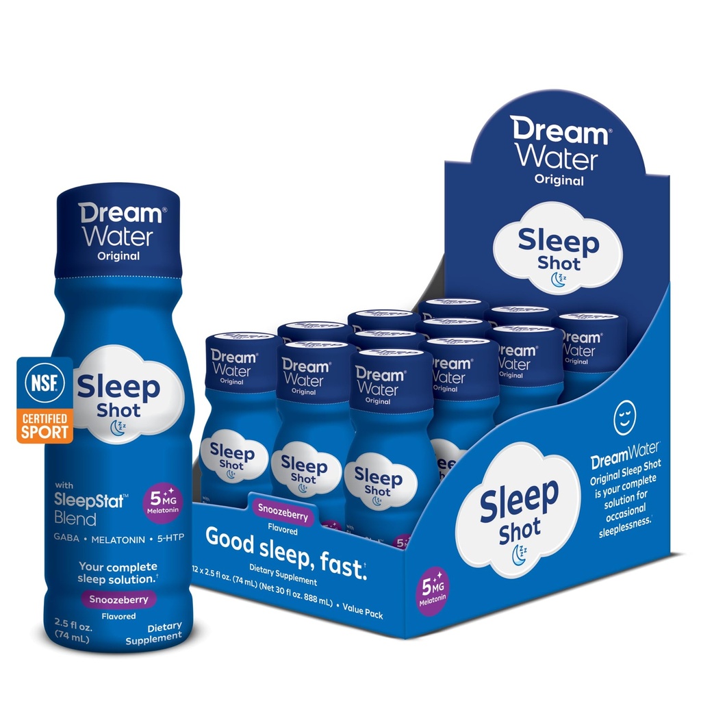 Dream Water NSF Sleep Aid Supplement Liquid Shots; Melatonin 5mg, GABA, 5-HTP; Zero Sugar, Natural Flavors, No Added Colors, 2.5 oz Liquid Sleep Shots, Snoozeberry, 12-Count.