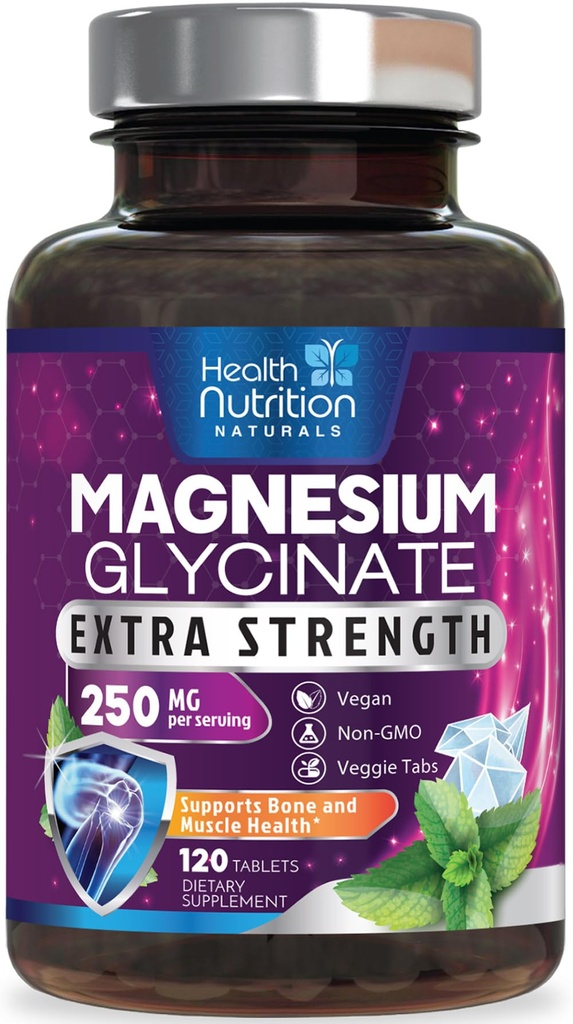 Magnesium Glycinate 250mg Per Serving - High Absorption 100% Chelated Magnesium Formula - Muscle, Nerves, Bone & Heart Health Support Supplement, Gluten-Free Non-GMO Vegan - Bottled USA - 120 Tablets