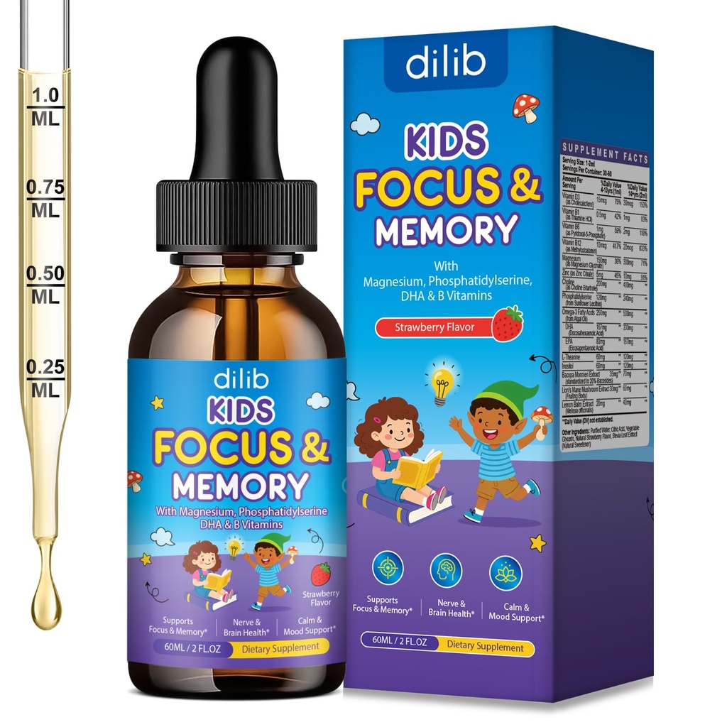 Kids Focus and Attention Drops with Phosphatidylserine, Lion’s Mane Mushroom, Magnesium Glycinate, Omega 3, Bacopa Monnier, Brain Supplements for Memory and Focus, Sleep Clam Mood, Strawberry 2 Fl Oz
