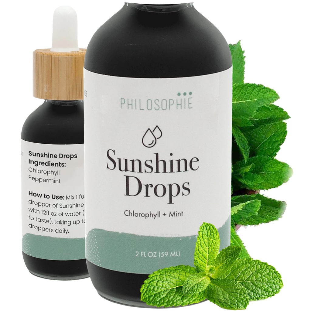 Philosophie Liquid Chlorophyll Sunshine Drops for Water | Organic Chlorophyll Drops with Mint for Detox, Internal Deodorant & Energy Boost | Natural Vegan Supplement, Non-GMO, 2oz