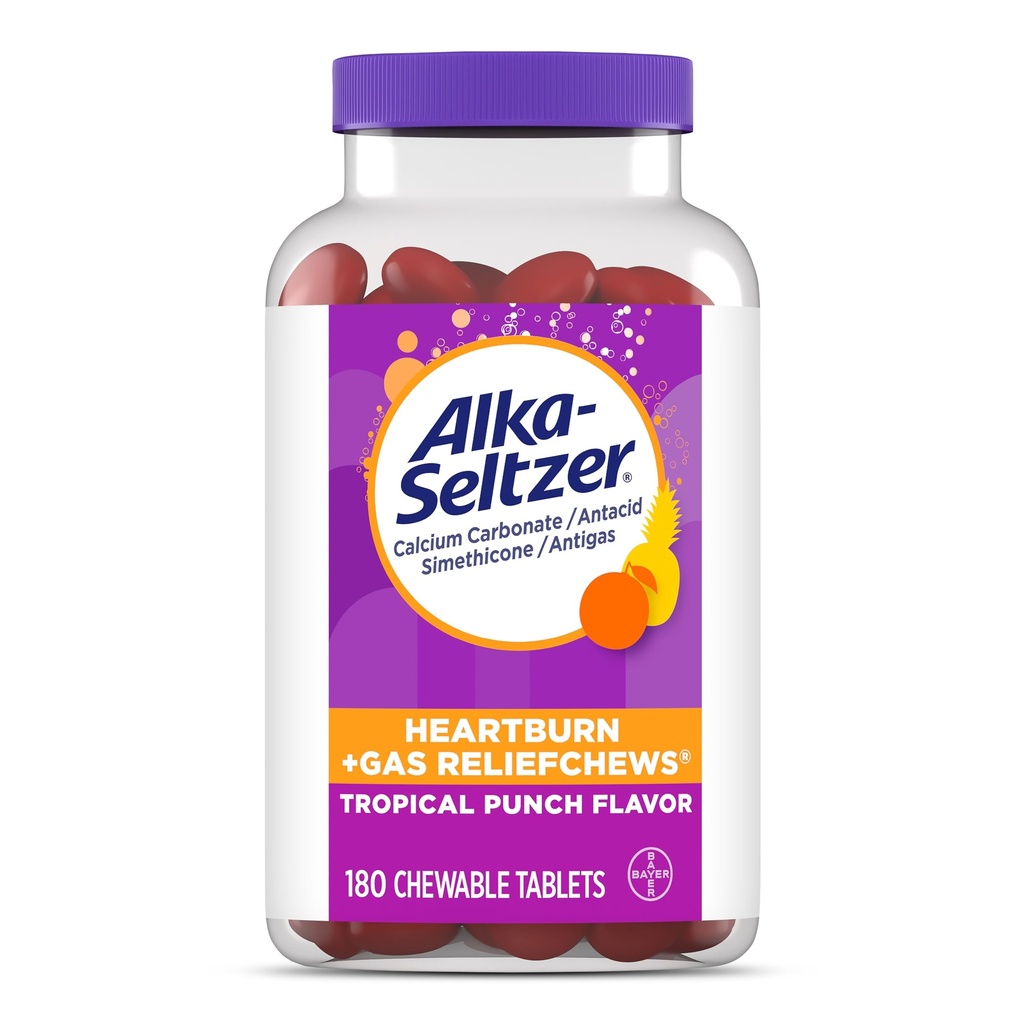 Alka-Seltzer Heartburn + Gas Relief Chews, Antacid + Antigas Chews 用于快心燃烧的 Relief, Gas, 以及酸性消化救济 180摄氏度
