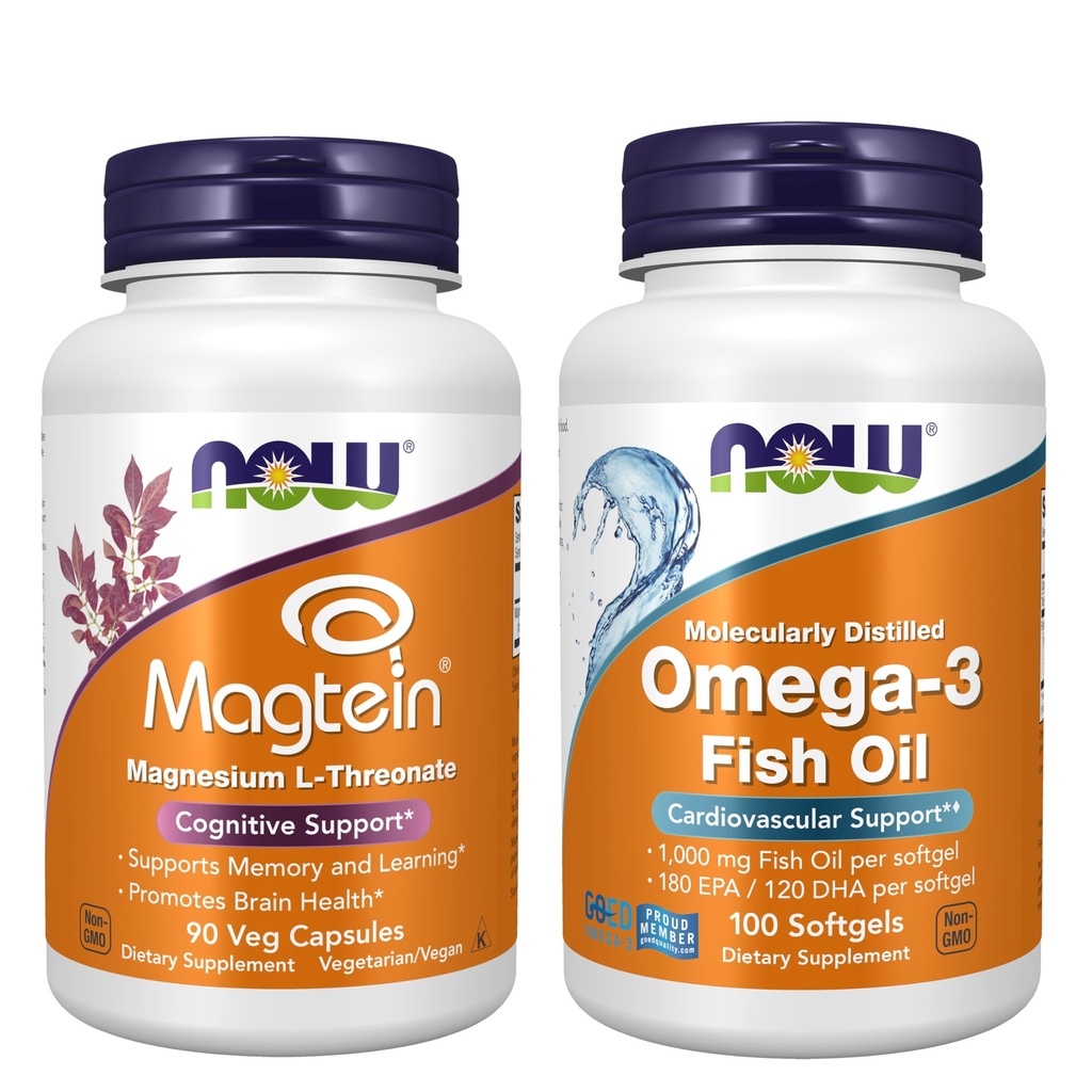 NOW Foods Neuro-Cardio Bundle - Magtein® Magnesium L-Threonate Capsules 90ct + Omega-3 Fish Oil Supplements 180 EPA/120 DHA 100ct - Brain & Cardiovascular Support*