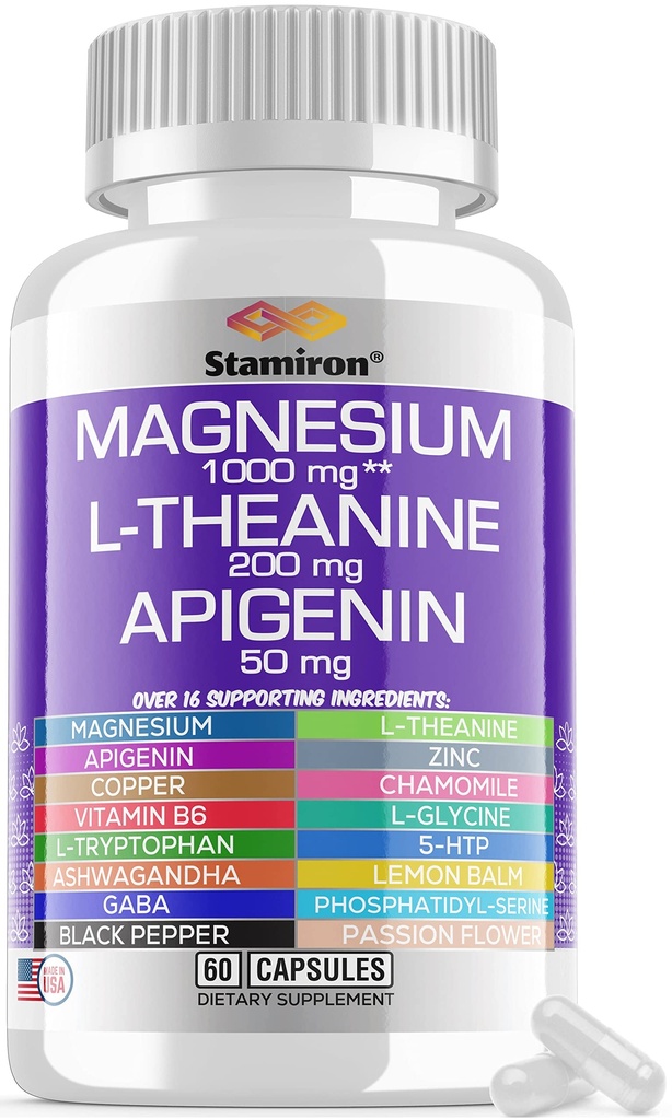 镁复合物1000mg L Theanine 200mg Apigenin 50mg 配有 Mag Glycnate Citate Malate Taulate + Chamomile 5-HTP Passion Flower Lemon Balm B6 Ashwagandha 和 L Tryptophan - 在美国制造