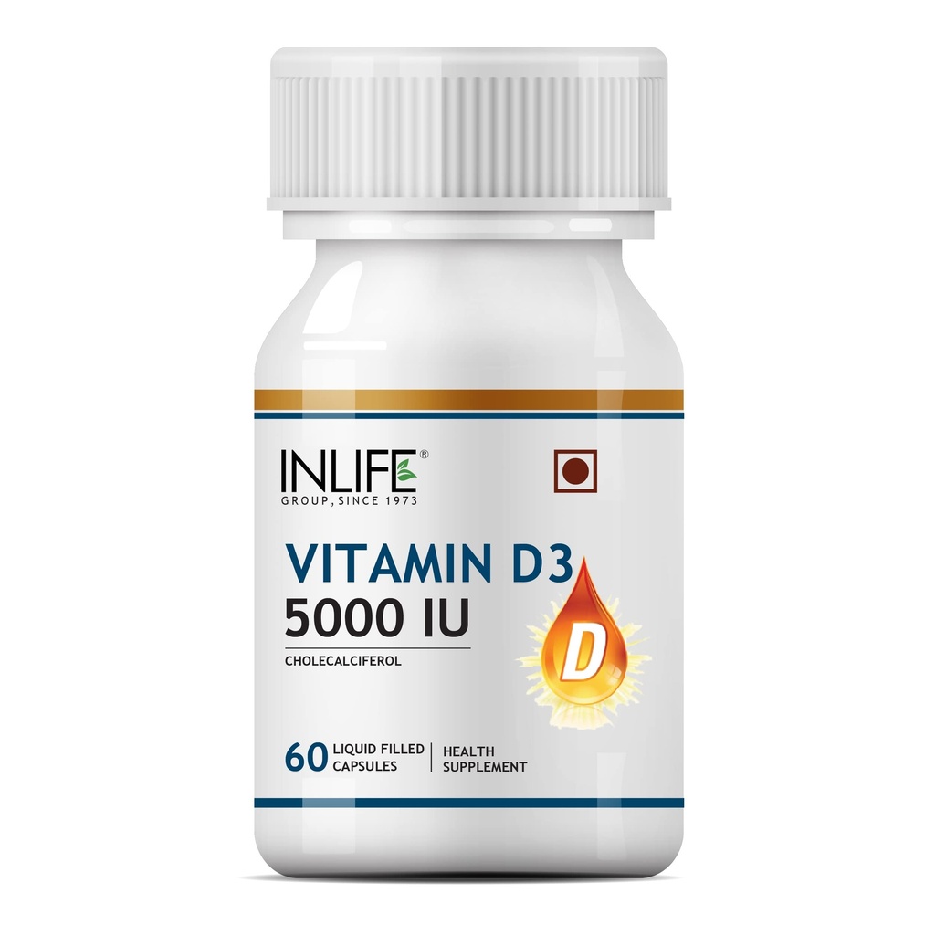 INLIFE Vitamin D3 5000 IU Cholecalciferol with Extra Virgin Coconut Oil Supplement for Better Absorption| for Both Men & Women| Supports Immunity, Bones & Muscle Health| Pack of 1-60 Soft gels.