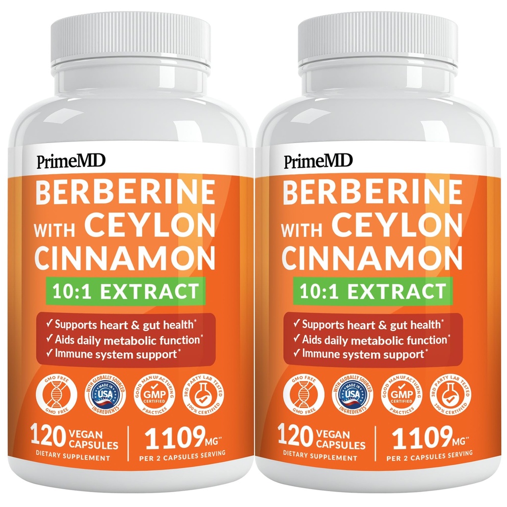 21-in-1 Berberine 补充剂 锡兰肉桂配铬、Bitter Melon和Green Tea Extract 和 Black Pepper Extract 5X 供能量和代谢支持,共5279 mg(120 cm,包装为2)