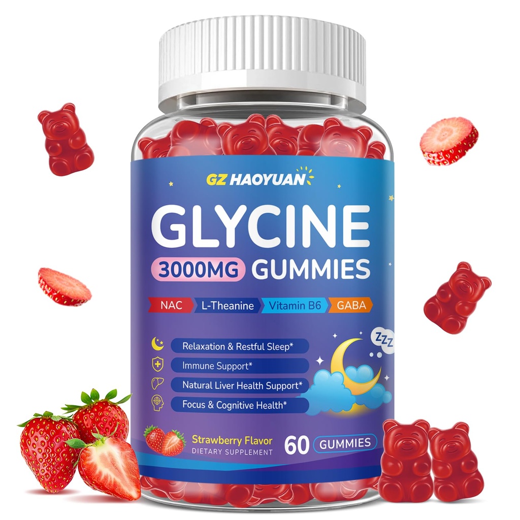 Glycine Gummies, Glycine 3g Supplements with NAC, L-Theanine, GABA, for Sleep, Relax, Nerve & Brain Support, Sugar Free, Vegan, Strawberr Flavor, 60 Cts