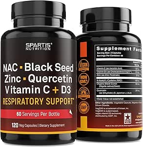 NAC 600mg 黑种子 500mg 锌 皮氏素 奎尔西丁 维生素 C 维生素 D3 呼吸支持(Pack of 1 Bottle at 120-Caps)
