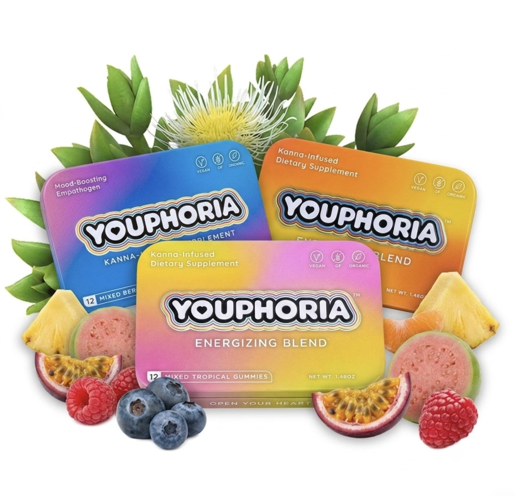 Youphoria Kanna Gummies, 600mg Vegan Botanical Supplement for Mood Support, 12 Count (Pineapple & Tangerine)