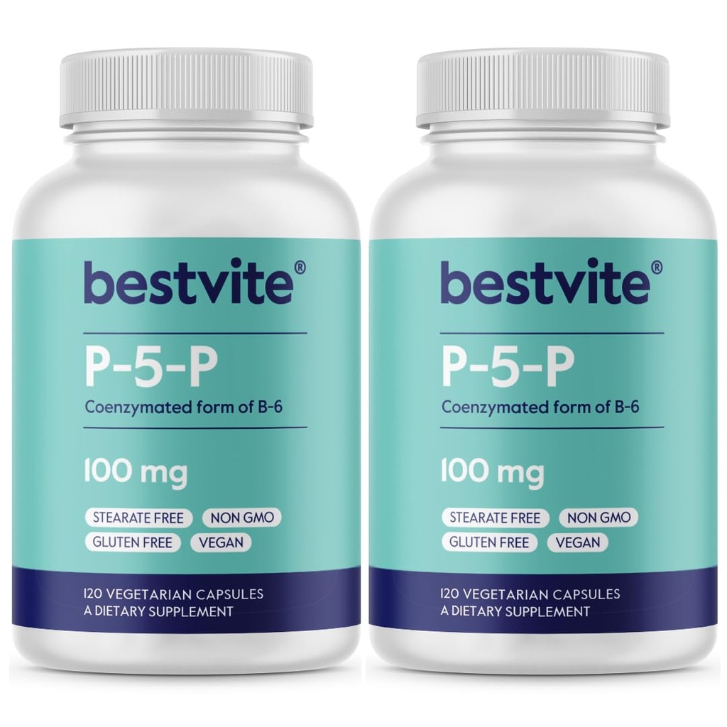BESTVITE P-5-P 100mg(240个植物卡普尔) (120 x 2)(B-6的共化形式) - 无 Stearates - Vegan - 非 GMO - Gluten Free