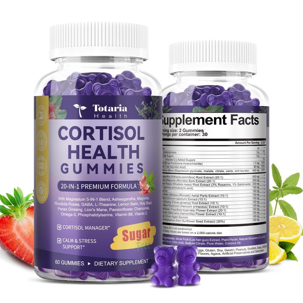 2 Bottles Cortisol Supplements for Women & Men 20-in-1 Cortisol Gummies with Ashwagandha Rhodiola Rosea Magnesium Phosphatidylserine Calm Focus Mood Support Healthy Cortisol Levels 30 Day Supply