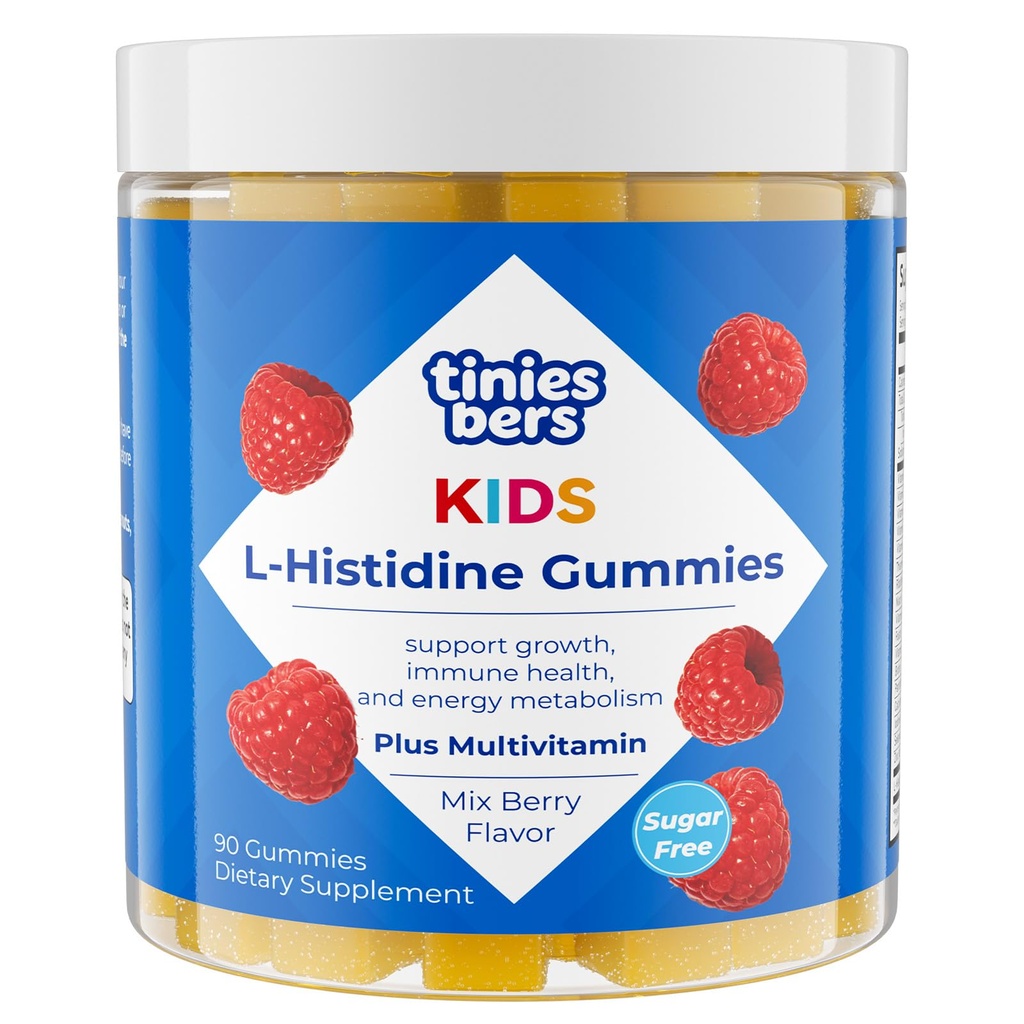 Tinies bers L-Histidine Gummies for Kids, 500mg L-Histidine with Multivitamins, Methyl Vitamin B12, Daily Growth Support, Immune Health, Energy Metabolism, Vegan, Sugar Free, Pectin, Mix Berry, 90