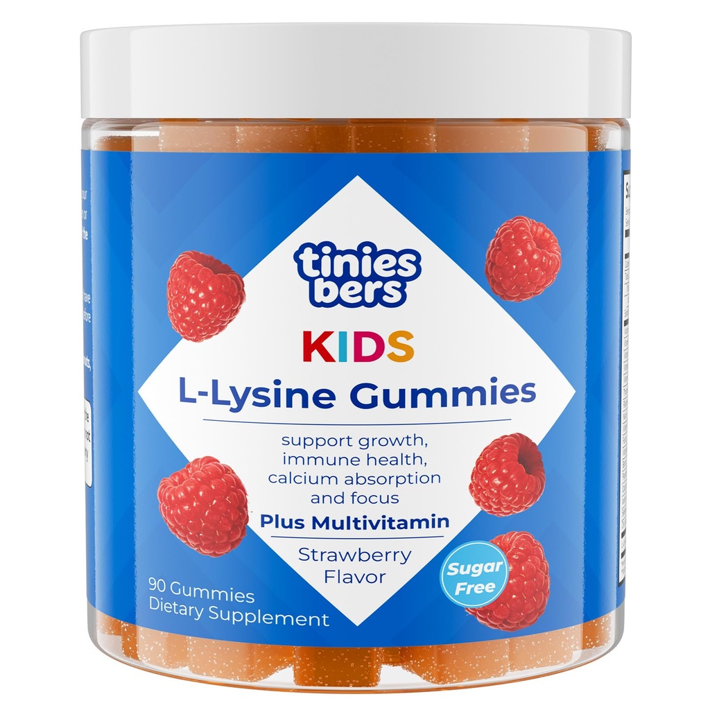 Tinies bers L-Lysine Gummies for Kids, 1000mg L-lysine with Multivitamins, Methyl Vitamin B12, Daily Growth Support, Immune Health, Focus & Ca Absorption, Vegan, Sugar Free, Pectin, Strawberry, 90