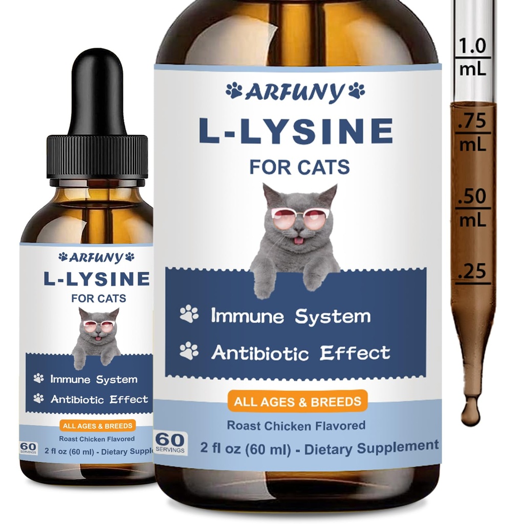 猫的L-赖氨酸补充剂 - 免疫支持 - 60ML Lysine for Feline呼吸,喷嚏,Runny Nose,眼功能 - 天然猫抗生素滴 - 烤鸡火焰