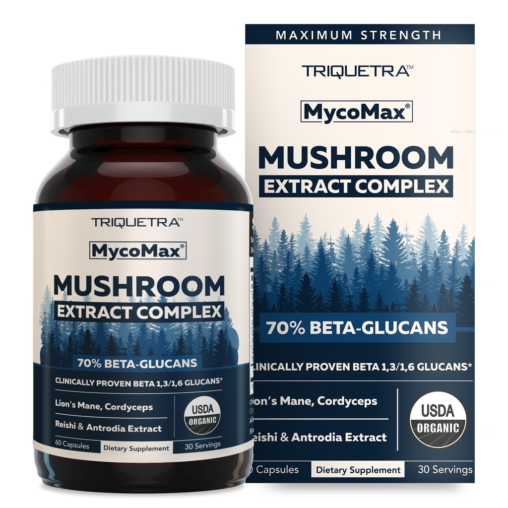 MycoMax蘑菇综合体 - 70% Beta Glucans, Max Potency蘑菇补充品, US Grown + 超音速采掘 - Lions Mane, Cordyceps, Reishi & More - 认知,豁免,能源 - 60胶囊