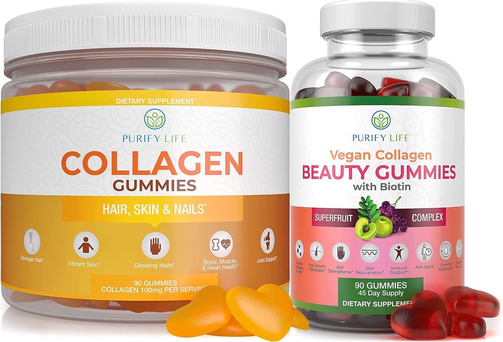 净化生命 海洋Collagen & Vegan Collagen Bundle, 毛皮和钉子保健的Gummys维生素(90 Chews), 减肥剂和弹性, 替换瓶盖, 药片