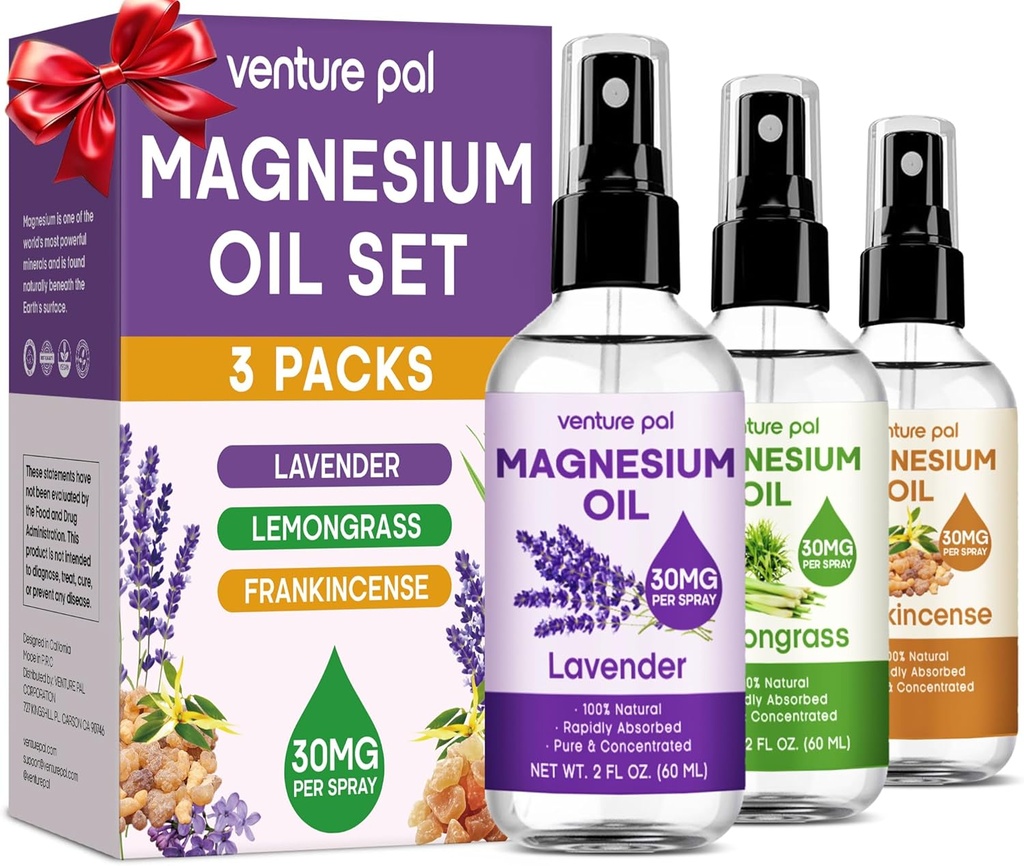 Venture Pal 3-Pack Tableal Magnesium Oil Spray Set for Feet – 理想的放松礼物,更好的睡眠,腿和关节的肌肉救济,健康的头发和皮肤. 非灰色快速吸收