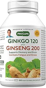 AndreW Lessman Ginkgo 120 Plus Ginseng 200mg - 360 Capsules - 标准化的提取组合,支持大脑,内存和认知函数. (原始内容存档于2018-03-29). Adapologine, Combats Results and Fatigue. 无附加
