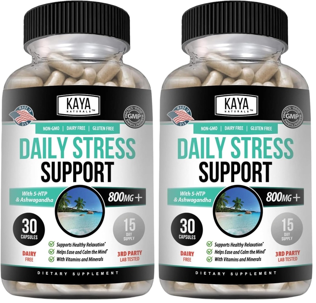 Kaya Naturals - Natural Herbal Stress Relief Support Vitamin Supplement to Relax and Calm The Mind - Boost Mood - Happy Pills - Anxiousness Support - 30 Capsules (Pack of 2)