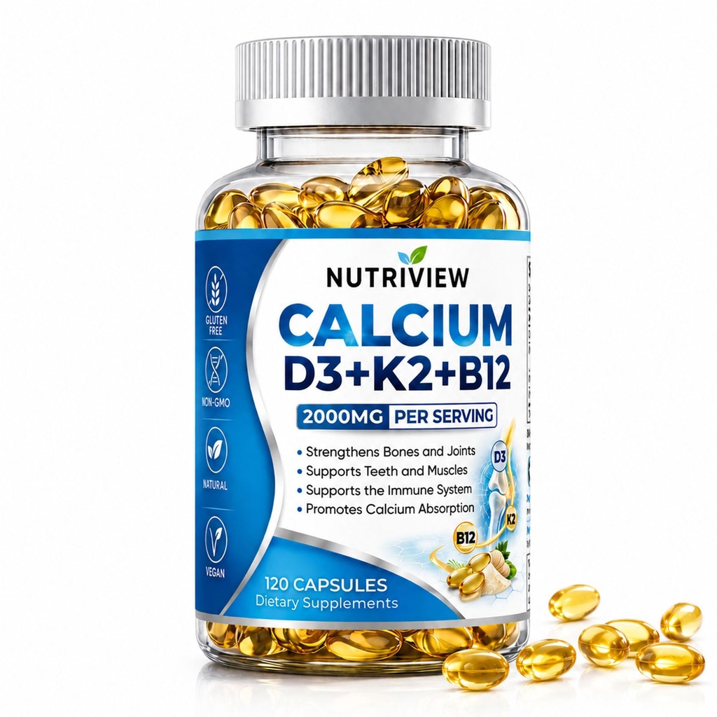 Nutriview Calcio D3 K2 B12 Softgels, 2000mg Suplemento De Calcio with Calcium & Glucosamina, Boost Energy, Support Immune Function, Vegen, 120 Capsules