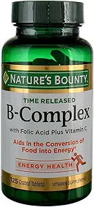 维生素B- 由自然的丰厚,时间释放的维生素补充 w/Folic Acid+维生素C, 支持能量代谢和神经系统健康,125片(3包)