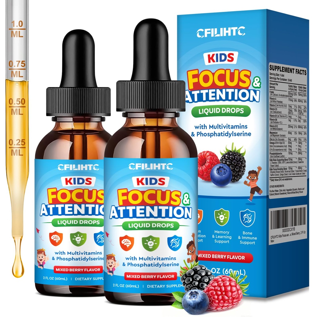 Kids Focus and Attention Supplements with Phosphatidylserine, Omega-3, Magnesium Glycinate & L-Theanine, Brain Vitamins Liquid Drops for Kids Memory, Cognitive, Calm & Mood, Mixed Berry, 4 Fl Oz