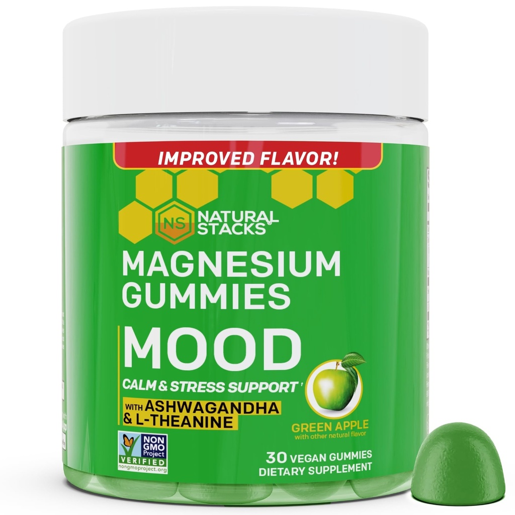 Mood Magnesium Gummys - 200mg Magnesium Citrate & 125mg Senshwagandha Gummys - 配L Theanine 用于冷静和压力支持 - Mag Citrate and Ashwagandha 补编 - 30 绿色苹果