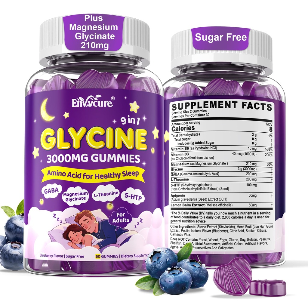 Glycine Gummies, Sleep Aids for Adults, No Melatonin, Glycine 3g Supplements with Magnesium Glycinate, L-Theanine, GABA, Relaxation and Antioxidants Support, Sugar-Free Vegan Chew Gummies, 120 Ct