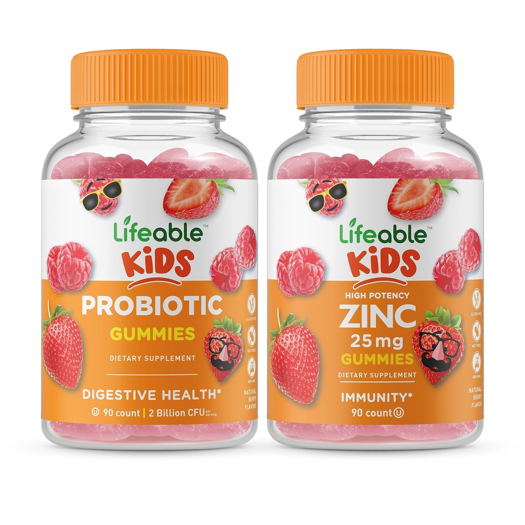 活生生的2亿CFU儿童+锌 25mg儿童,Gummys Bundle - 大品尝,维生素补充,Gluten Free, GMO Free, Chewwable Gummy 配方