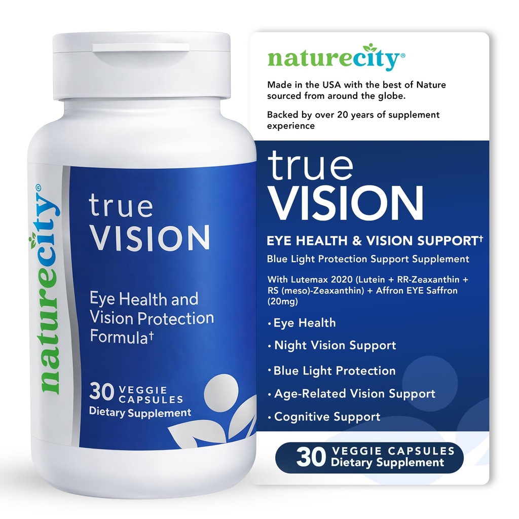NatureCity True-Vision Eye保健补编 - 以植物为主的Lutein和Zeaxanthin 配有高潜力沙坪 20mg - 蓝光保护,支持中央和夜视(30 Veggie Capsules)