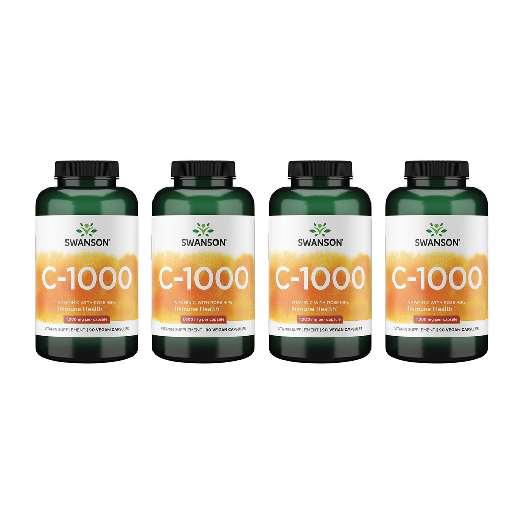 Swanson Vitamin C w/Rose Hips - Herbal Supplement Promoting Skin Health, Heart Health & Immune System Support - Natural Formula Promoting Protection & Wellness - (90 Capsules, 1000mg Each) (4 Pack)