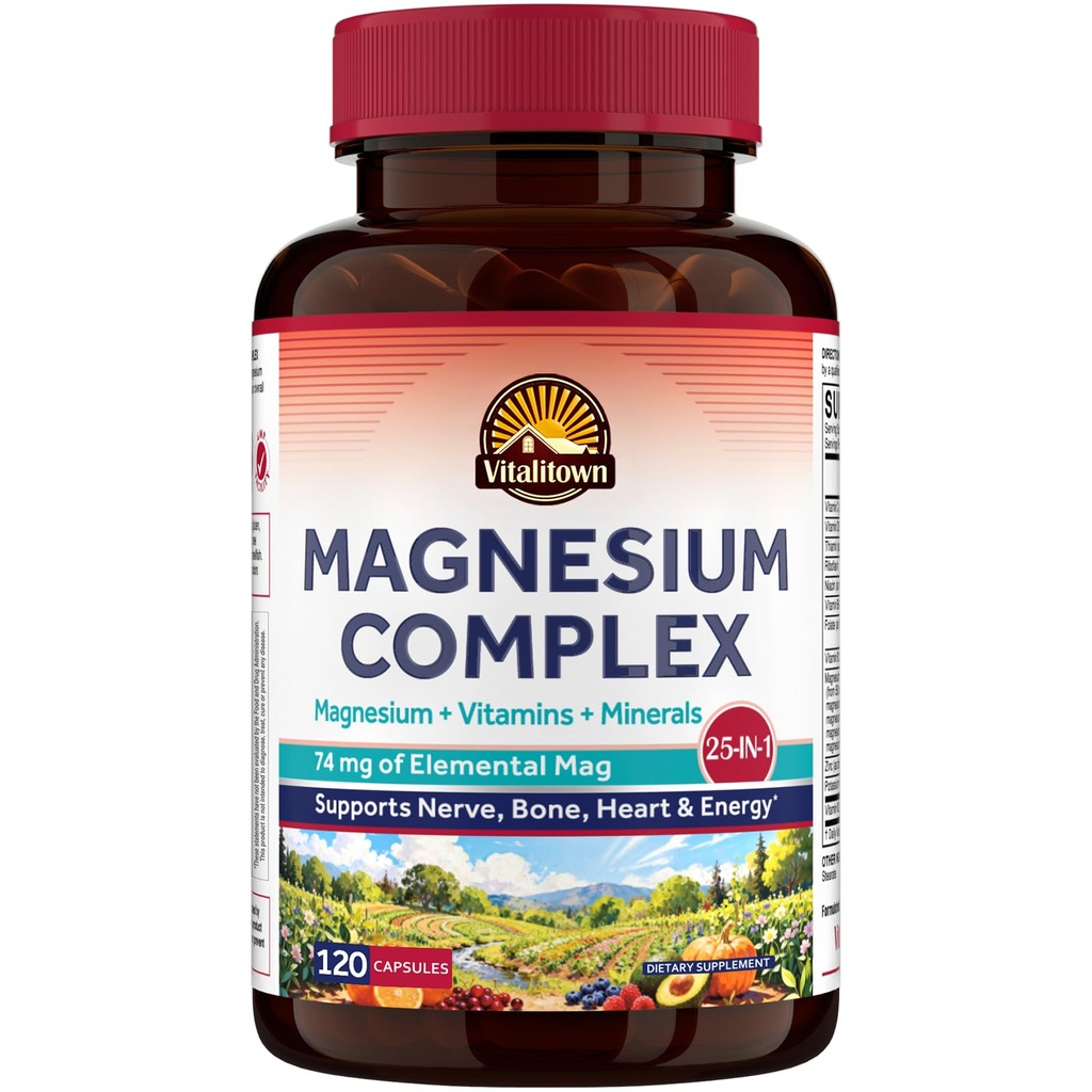 Vitalitown 25-in-1 Magnesium Complex, 74mg, Magnesium Glycinate, Malate, Taurate, Vitamin C, D3, K2, B Complex, Gentle & High Absorption, Non-GMO, 120 Capsules