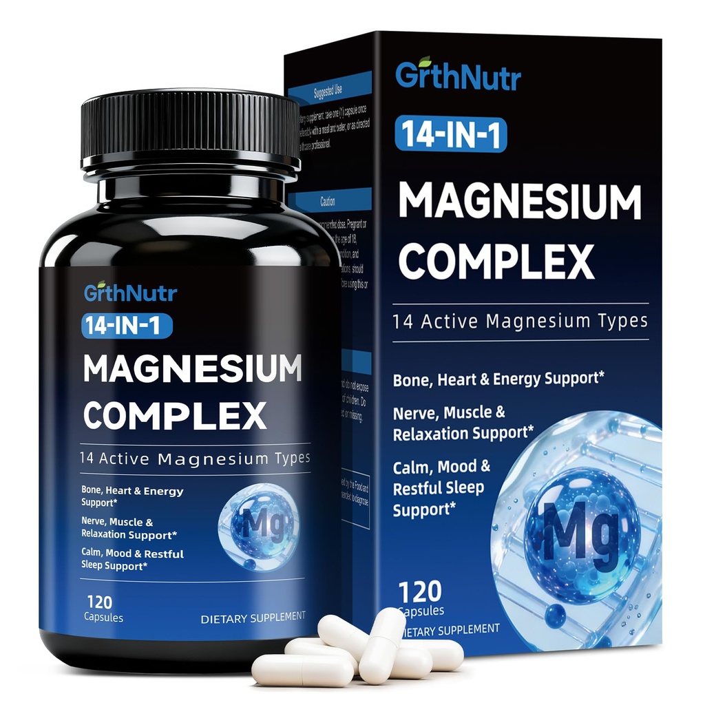 14-in-1 Magnesium Complex Supplement, 1200mg Elemental Magnesium Glycinate, Citrate, Malate, Taurate - Magnesium Complex for Women Nerves, Bone & Heart Health | Non-GMO