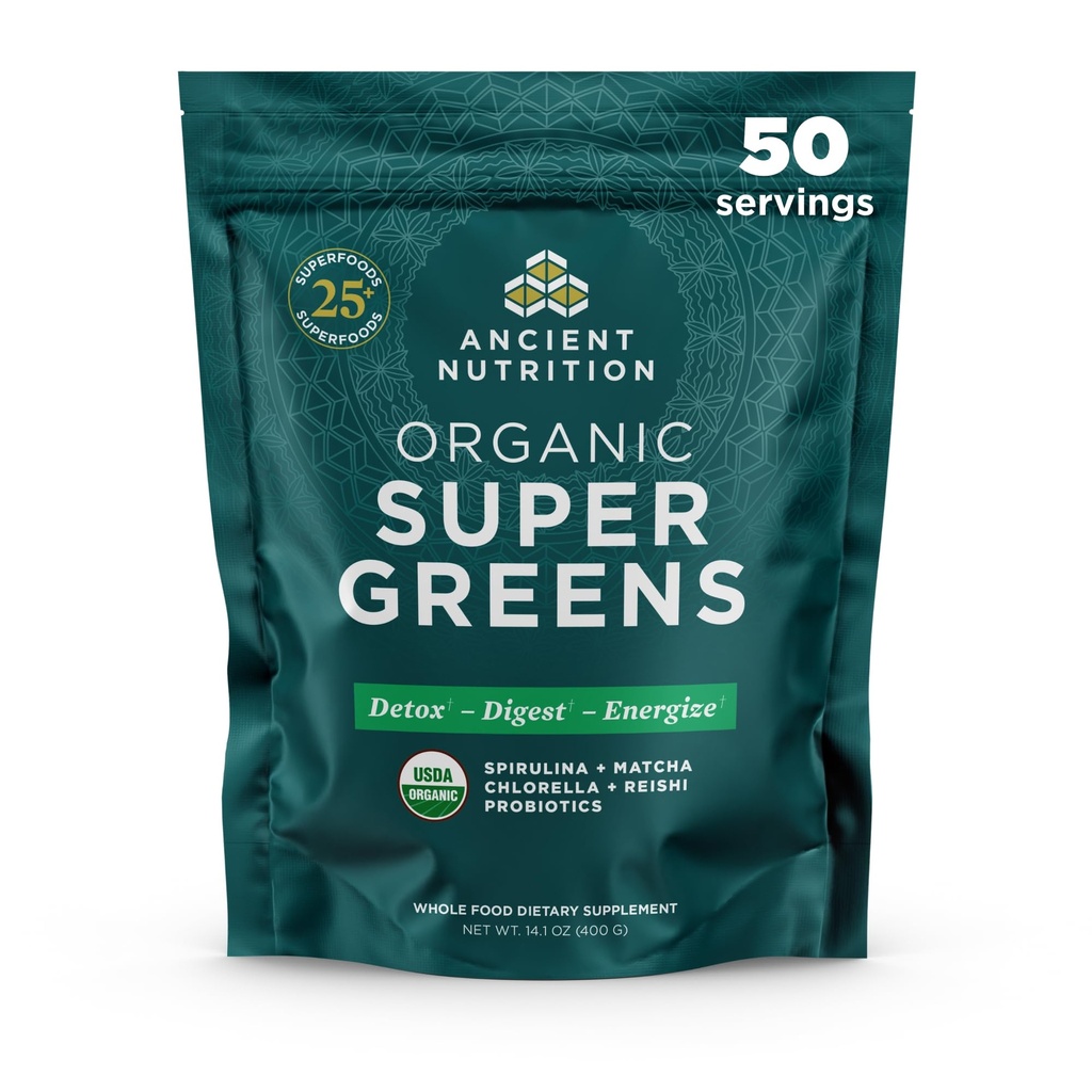 Ancient Nutrition Super Greens Powder, Organic Superfood Powder with Probiotics Made with Spirulina, Chlorella, Matcha, and Digestive Enzymes, 50 Servings, 14.1 oz