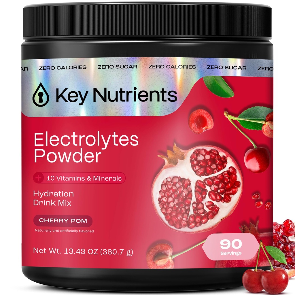 KEY NUTRIENTS Multivitamin Electrolytes Powder No Sugar - Sweet Cherry Pom Electrolyte Powder - Endurance & Energy Supplement - Hydration Powder - No Calories - 90 Servings - Made in USA