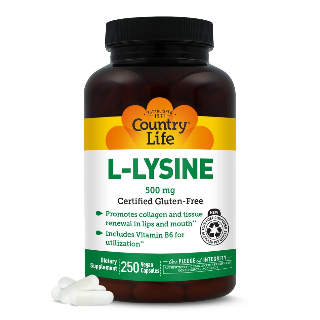 乡村生活 L-Lysine 500mg 配有 B-6, 支持免疫健康, 促进唇和嘴中的凝胶更新, 250 Vegan Capsules, 认证 Gluten 免费,认证 Vegan