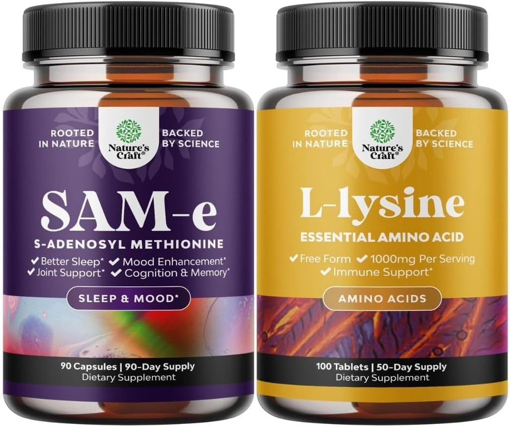 纯SAM E 补充剂 150mg - 新热带 150mg 人为记忆和大脑支持服务 和 L L Lysine 1000mg 自由形式 - L- Lysine 补充剂 眼科健康口腔护理 复合剂