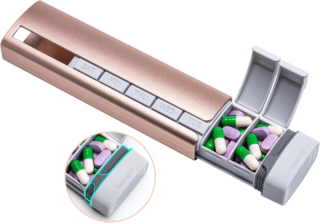 Daviky Metal 旅行药丸组织者, Premium Aluminum Pill Box 7天, 每周每日药丸案, Stylish & Cute Pill Holder for Medicines, Supplements and Vitamins (Pink+Gray)