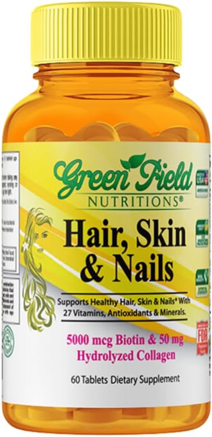 Greenfield Nutritions Halal Biotin Tablet for Adult - 60 Halal Multivitamin for Hair Skin and Nails - High potency 5000mcg Biotin with 50mg Collagen and Minerals - Gelatin Gluten Free, Non-GMO Vitamin