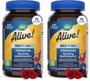 Nature's Way Alive! Men’s 50+ Premium Gummy Multivitamin, Supports Healthy Heart, Brain & Muscle Function*, B-Vitamins, Vegetarian, Grape, Orange and Cherry Flavored, 75 Gummies, (Pack of 2)