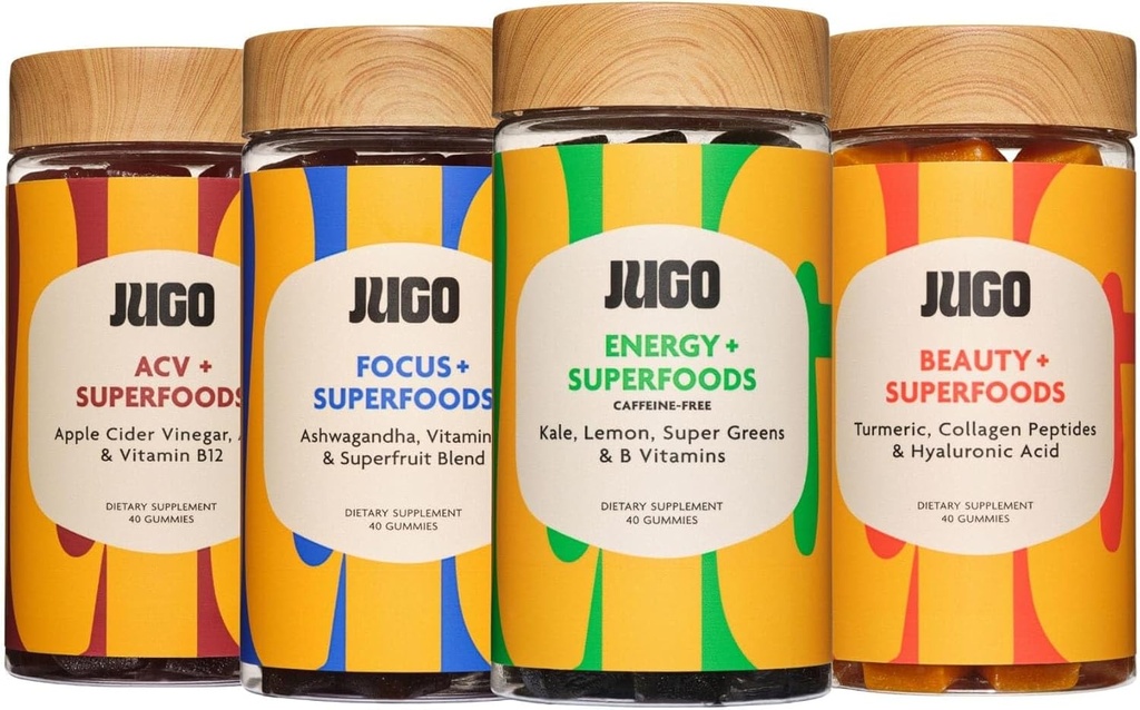JUGO 超级食品 Gummys Various Pack – Focus, Energy, Beauty & ACV Gummys – 植物型,100%蔬菜型,Gluten-Free – 支持心灵,身体和消化型健康
