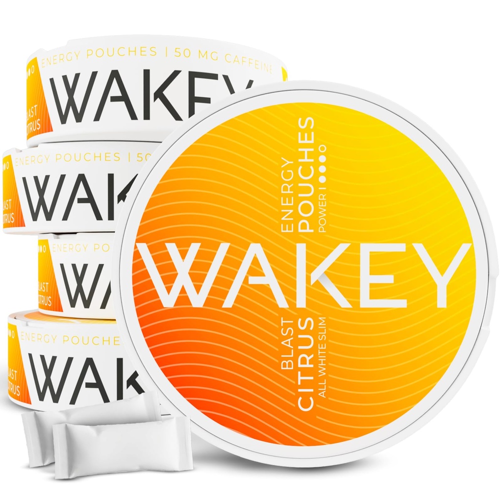 Wakey Energy Caffeine Pouches | 50mg Caffeine | Vitamin A, C, D, B12, Thiamin (Vitamin B1) | Zero Sugar - 20 Nicotine Free Pouches (5 Pack) (Citrus Blast 50mg)