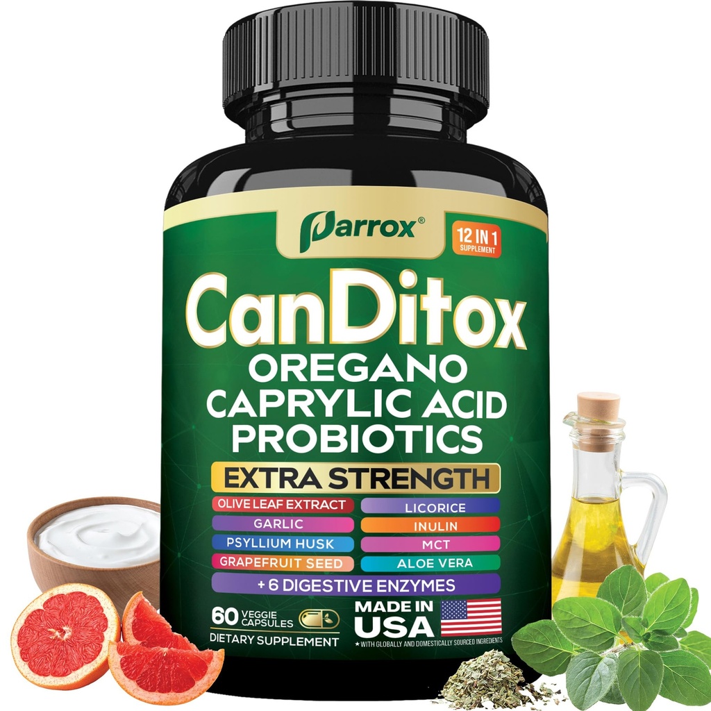 Canditox Capsules, 15-in-1 Gut & Detox, Oregano, 60 Capsules | Oregano, Caprylic Acid, Garlic, Olive Leaf, Psyllium, Probiotics, Inulin, Aloe, MCT Oil, Digestive Enzymes