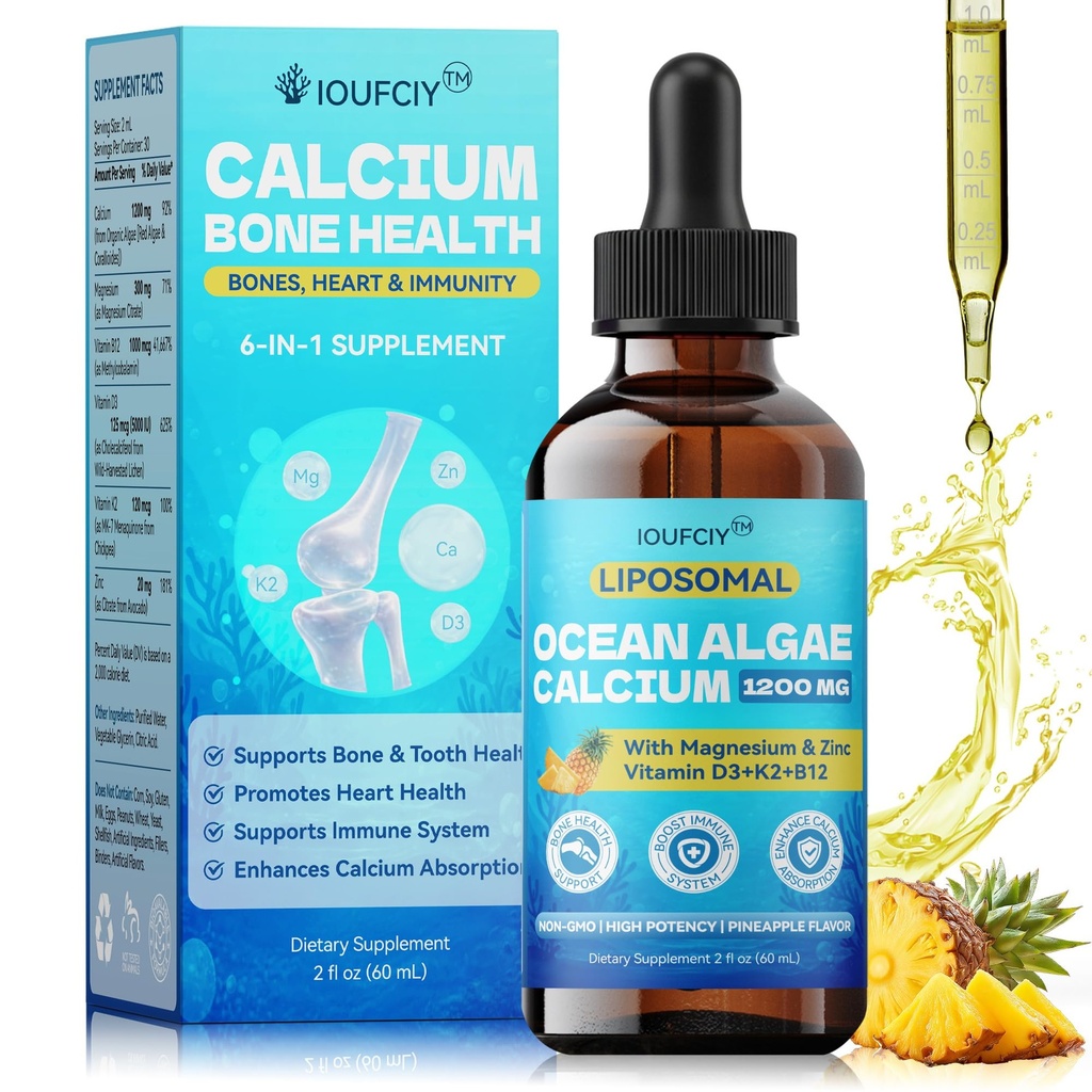 Liposomal Calcium Magnesium Zinc Liquid Drops | Plant-Based Marine Cal-cium 1200 mg-Sourced from Red Algae, 70+ Mineral | with Vitamin D3,K2 & B12 | Enhance Bone and Muscle Strength, Immune Support