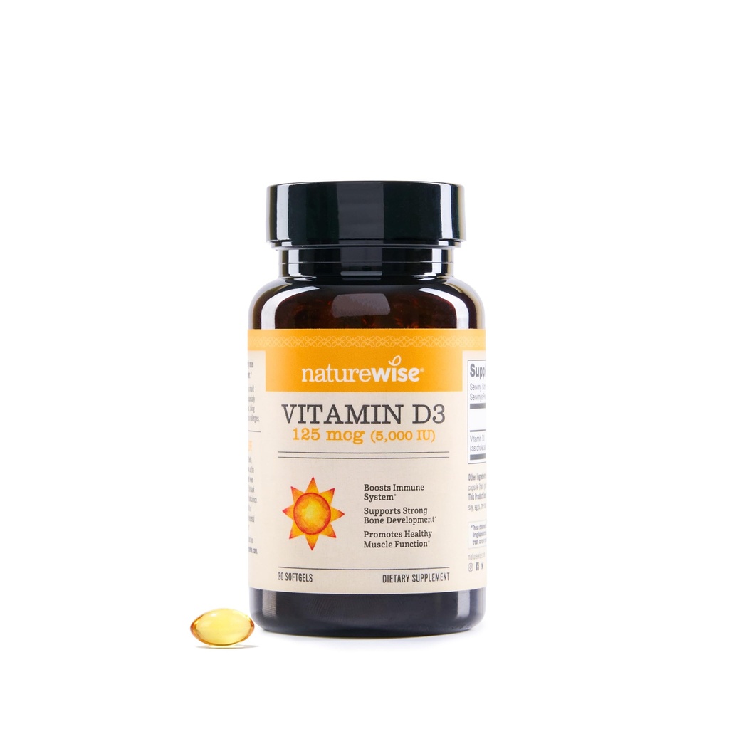 NatureWise Vitamin D3 5000iu (125 mcg) 30-Day Supply for Immune Support, Healthy Muscle Function, and Bone Health - Non-GMO, Gluten Free in Organic Extra Virgin Olive Oil, (Mini Softgel), 30 Count